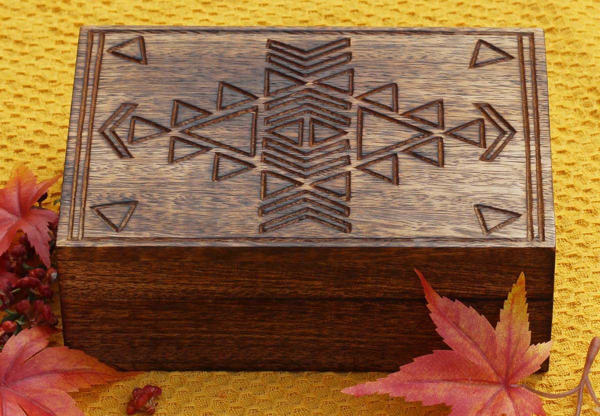 7” Hand-Carved Rectangular Wooden Jewelry / Keepsake Box with Ancient Greek Geometric Motifs – Decorative Mango-Wood Box – Gifts for Her