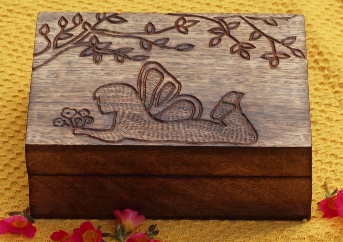 7” Handmade Rectangular Wooden Jewelry / Keepsake Box with Carved Angel – Decorative Wood Box – Gifts for Her