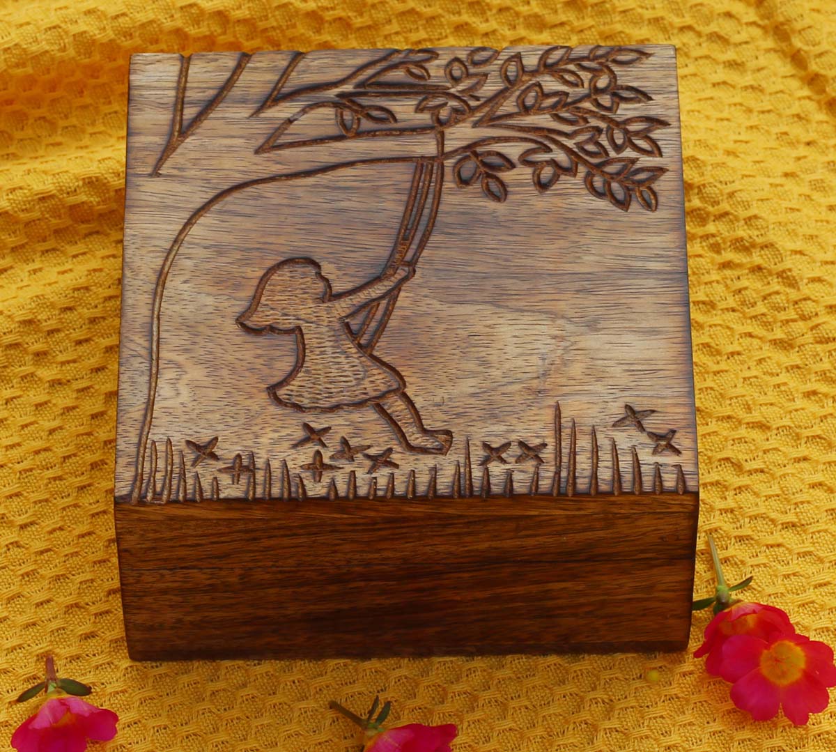 5” Handmade Square Wooden Jewelry / Keepsake Box with Carved Relaxed Scene – Decorative Mango-Wood Box – Gifts for Her
