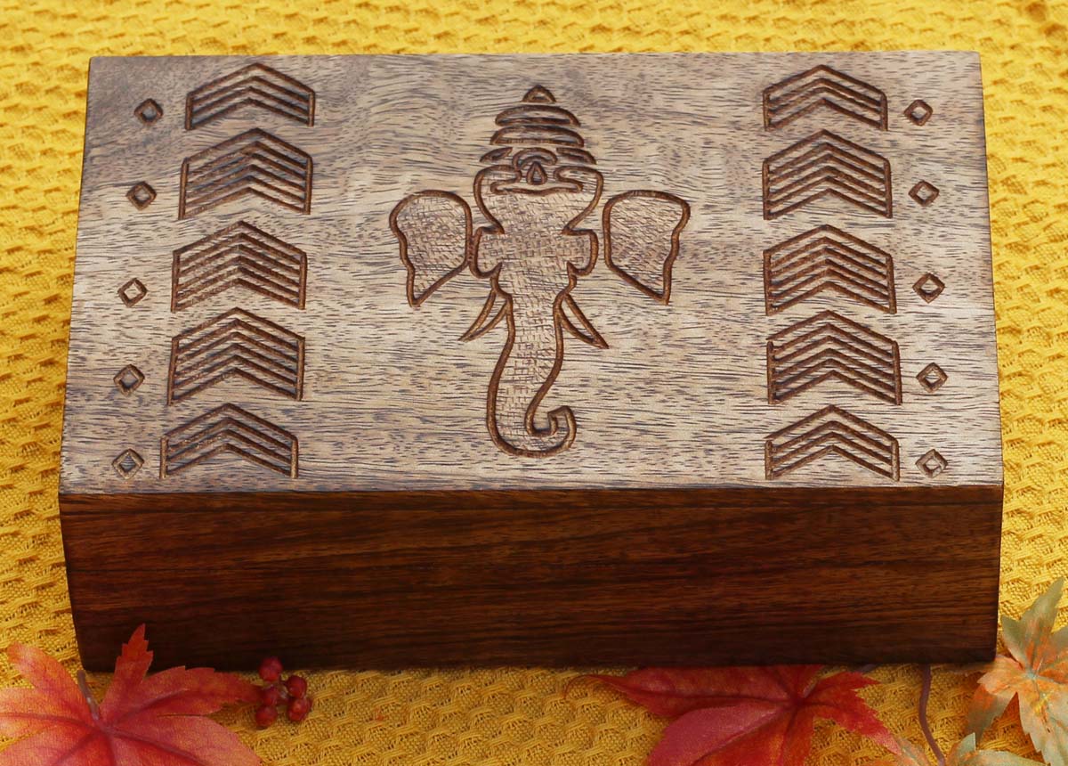 8” Handmade Rectangular Wooden Jewelry / Keepsake Box with Carved Lord Ganesha Motif – Decorative Wood Box – Gifts for Her