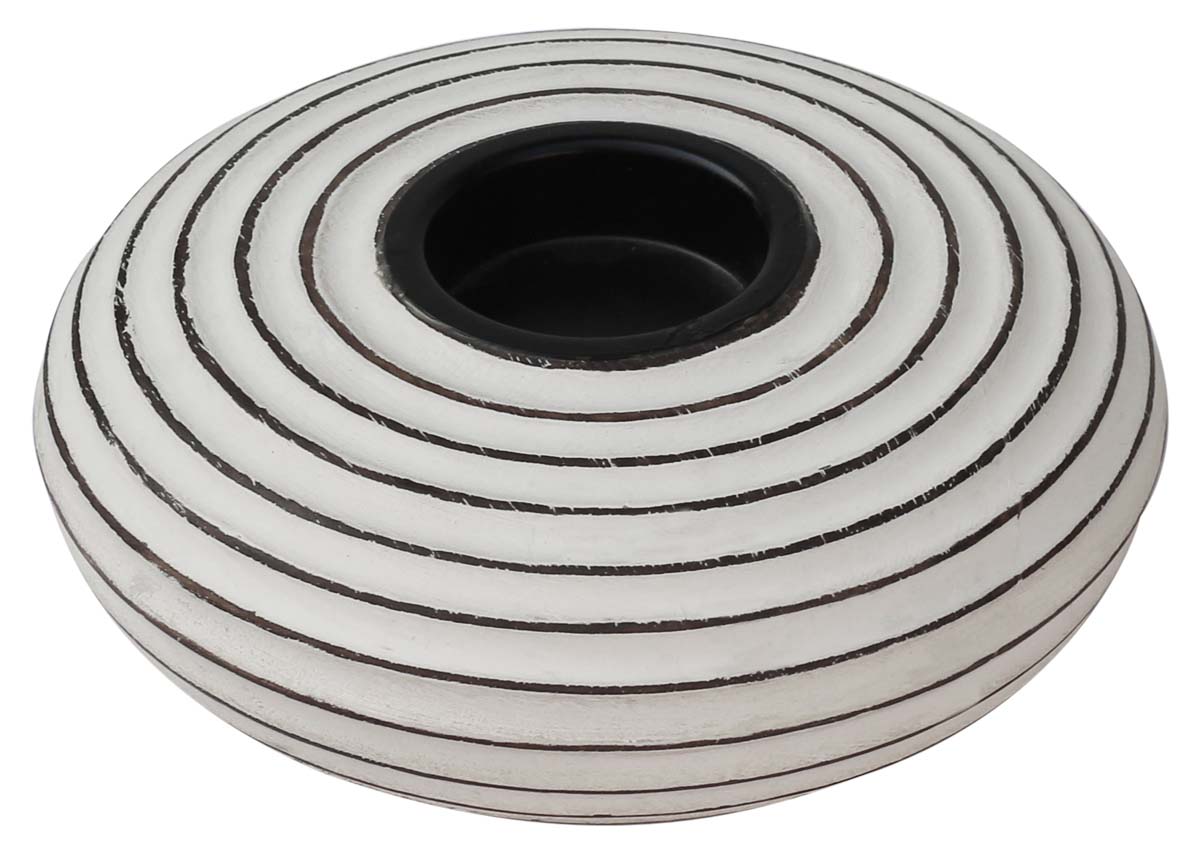 Handmade Wooden Tea-light Holder - Mango Wood - Discus Shaped White with Concentric Black Lines - Home Decor Accessories / Lighting Solutions - Buy in Bulk Wholesale