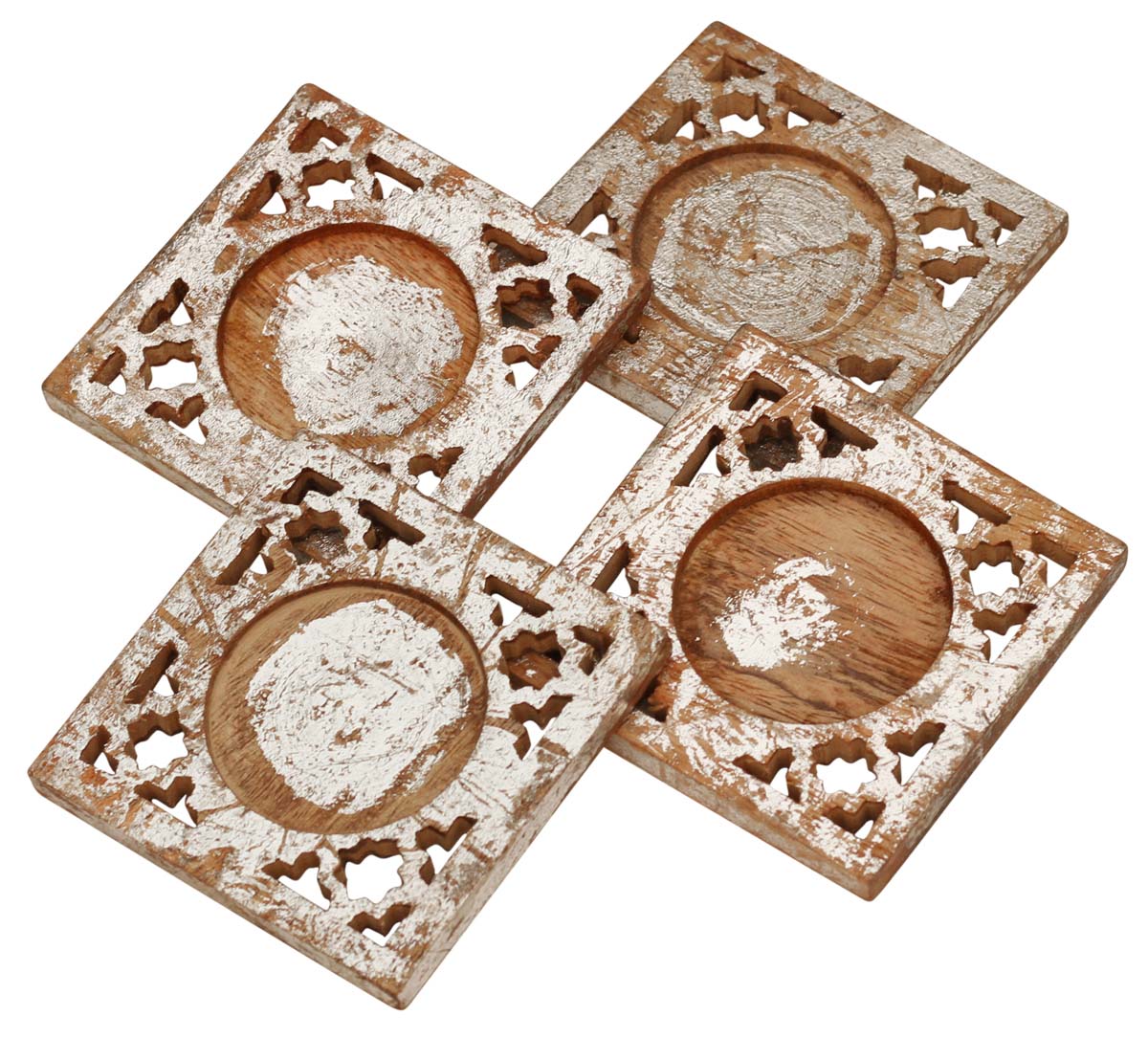 Set of 4 Square Beverage Coasters - Distressed Shabby Chic Silver-Tone with Carved Open-Work Art - Bar / Dining Accessories & Supplies - Buy in Bulk Wholesale