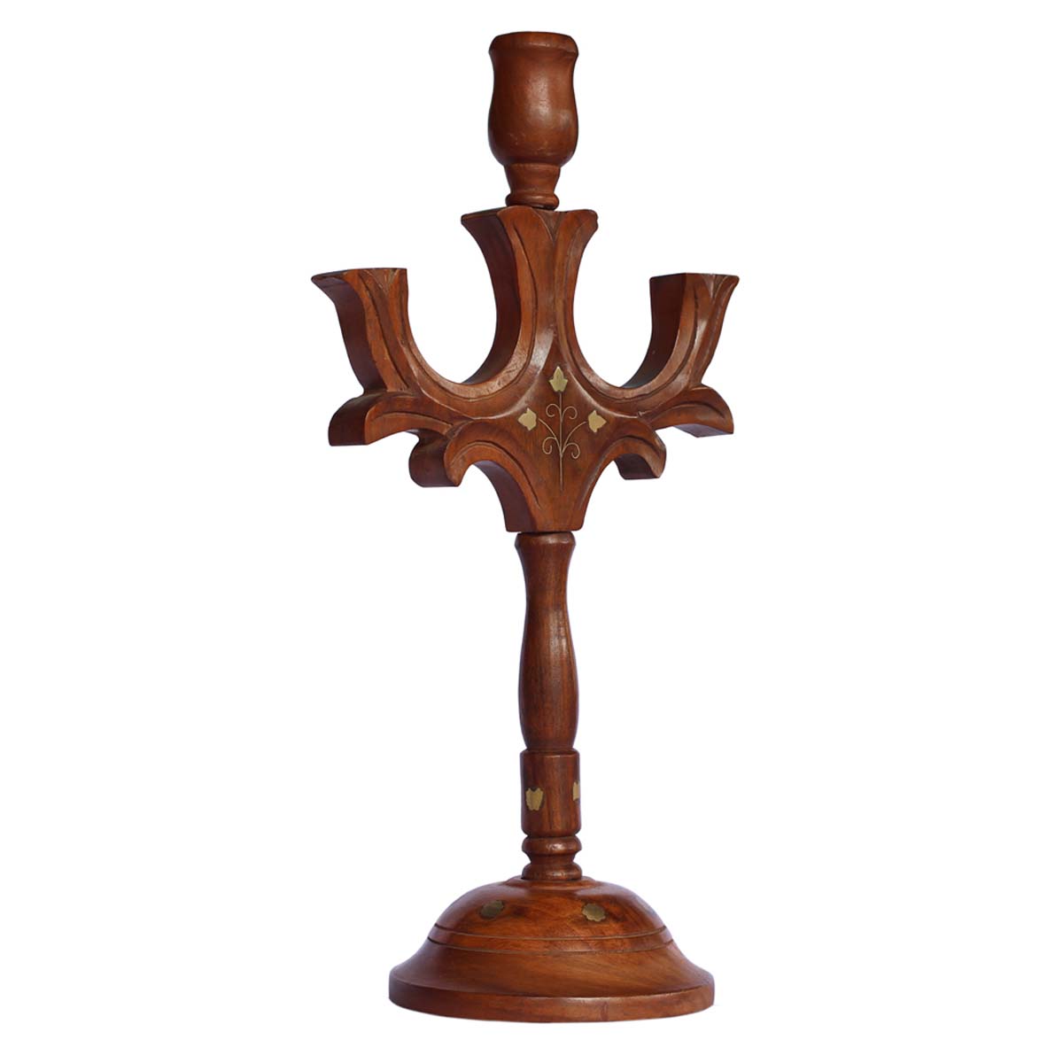 Bulk Wholesale Hand-Carved Tall Multiple Candle Stand in Indian Wood with Brass Inlay Decorations – Candle Décor 