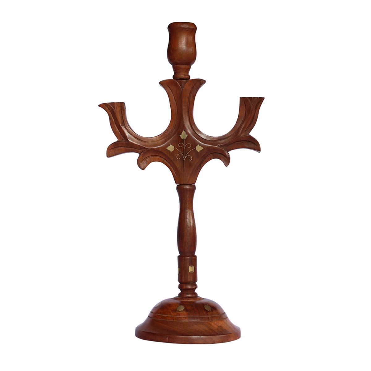Bulk Wholesale Hand-Carved Tall Multiple Candle Stand in Indian Wood with Brass Inlay Decorations – Candle Décor 