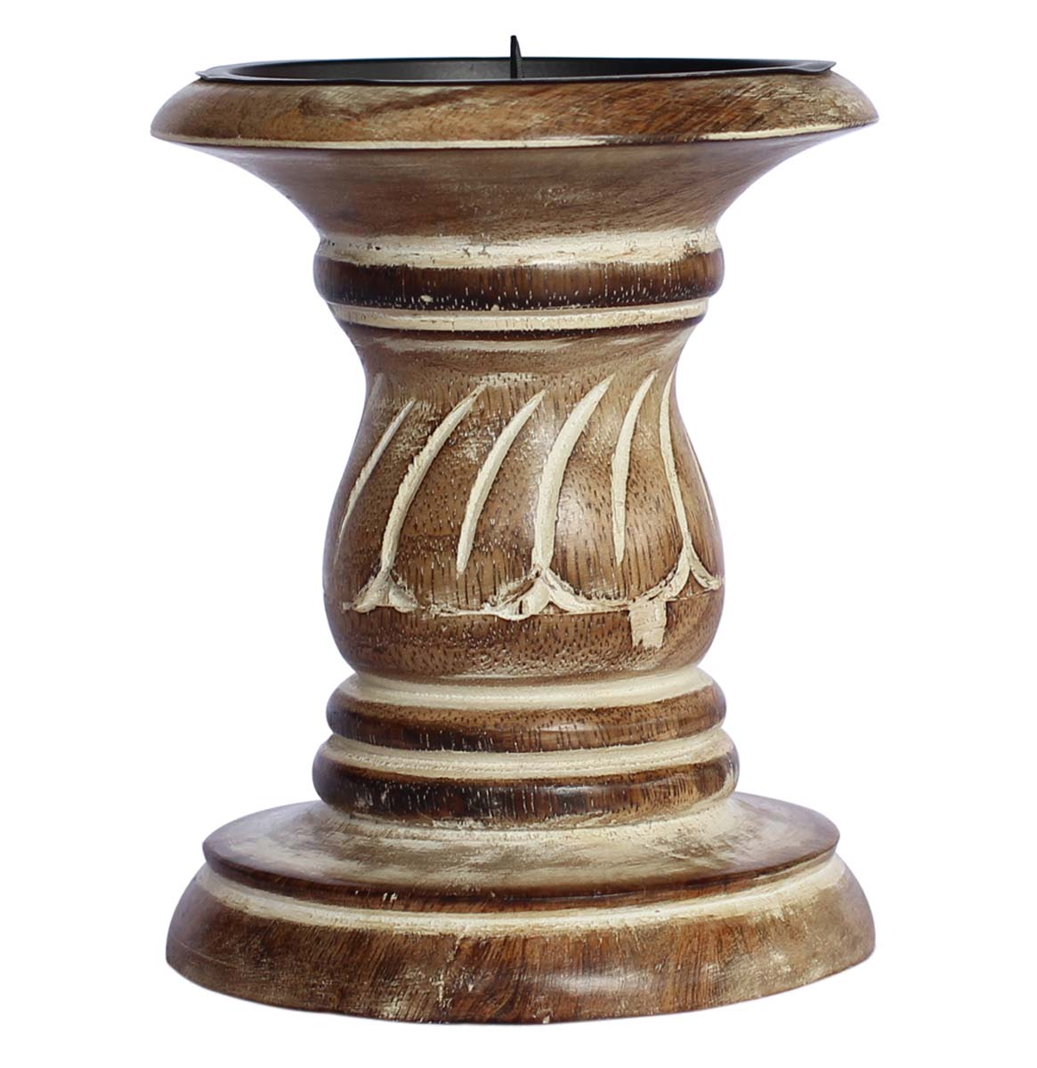 Bulk Wholesale Pillar Candle Stand/Holder in Wood Handmade Distressed-Look with an Iron Plate on the Top - Shabby Chic Decorations