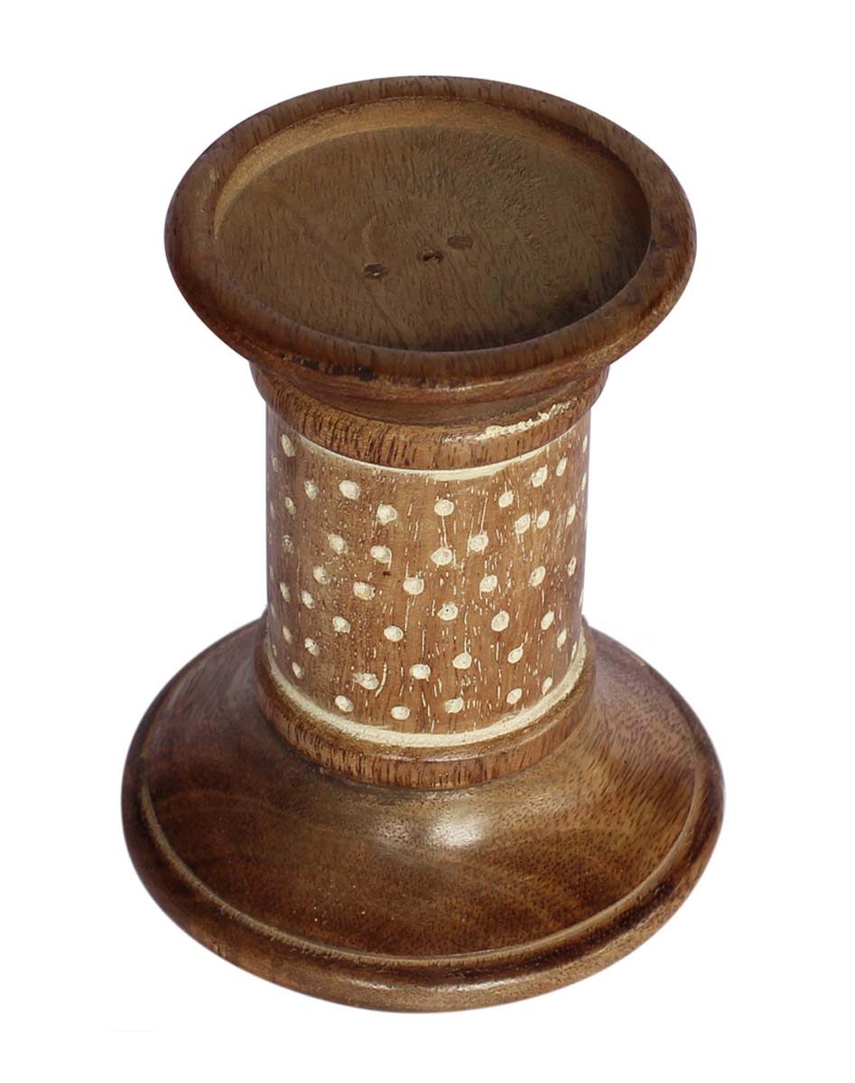 Bulk Wholesale Hand-Crafted Wooden Pillar Candle in Distressed-Look with Dotted Design – Shabby Chic Decorations – Home / Office Décor