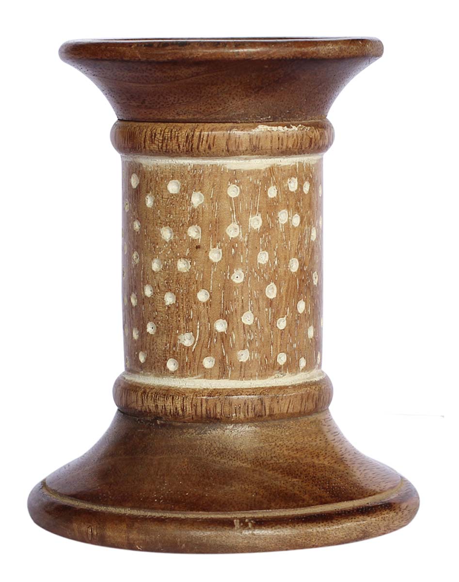 Bulk Wholesale Hand-Crafted Wooden Pillar Candle in Distressed-Look with Dotted Design – Shabby Chic Decorations – Home / Office Décor