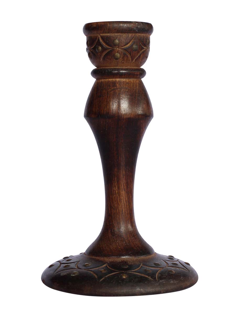 Bulk Wholesale Handmade Antique-Look Wooden Candle Stand with Brass Decorations & Etched Design – Unique Decorations for Living Rooms / Bedrooms / Lounges