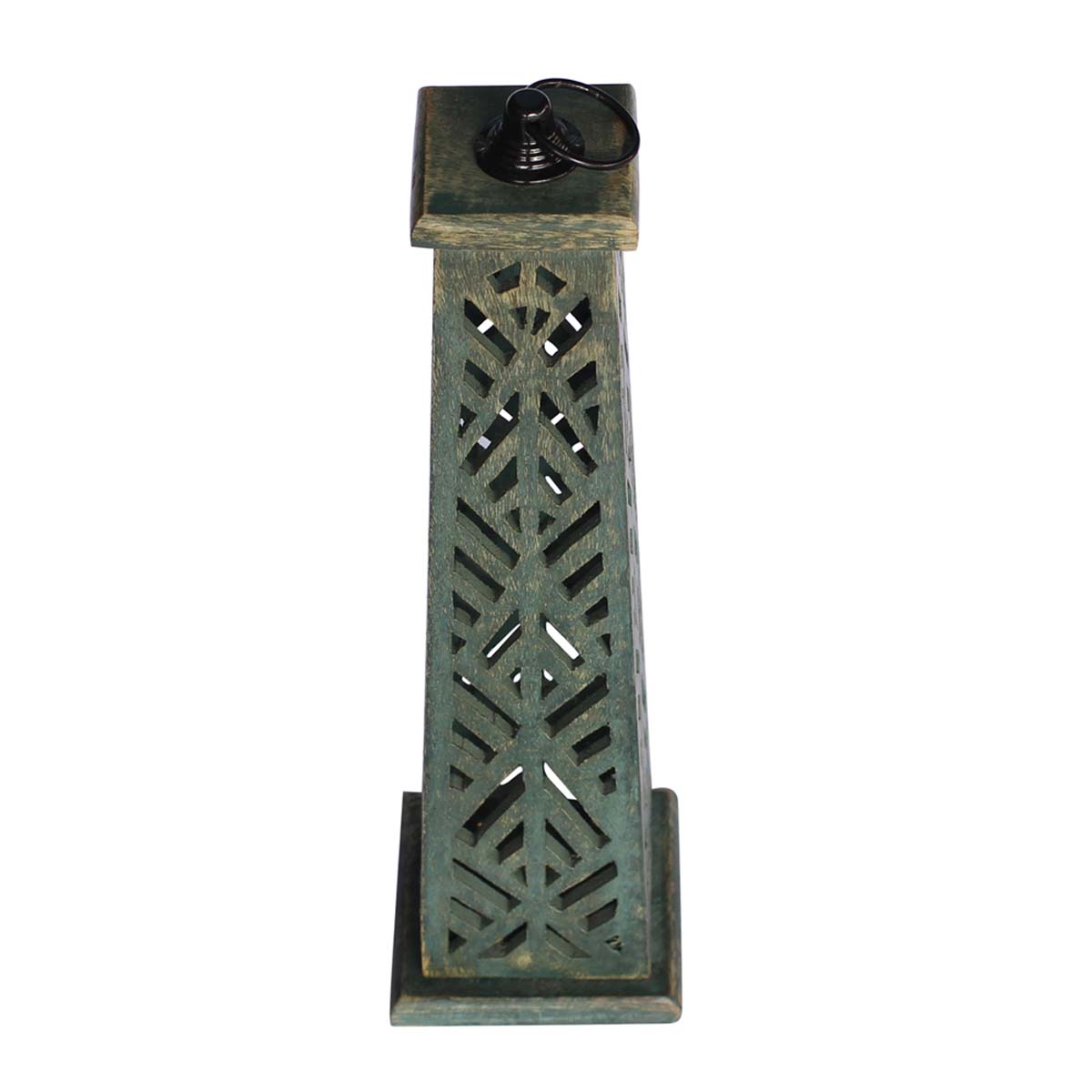 Bulk Wholesale Hand-Carved Distressed-Look Wooden Hanging Candle Stand / Lantern with a Hook on the Top – Latticework Carving on Wood – Shabby Chic Décor