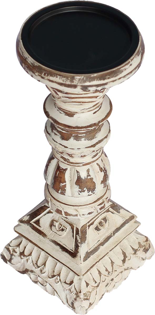Bulk Wholesale Pillar Candle Stand in Wood Intricately Hand-Carved Distressed-Look with an Iron Plate on the Top - Shabby Chic Decorations - Home/Office Decor