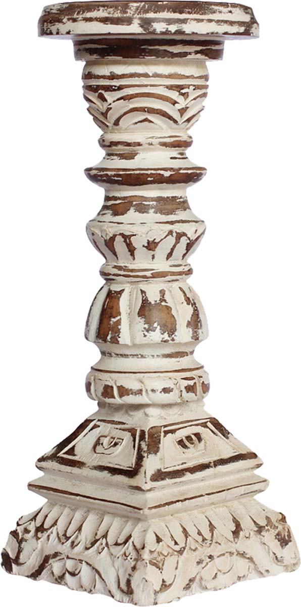 Bulk Wholesale Pillar Candle Stand in Wood Intricately Hand-Carved Distressed-Look with an Iron Plate on the Top - Shabby Chic Decorations - Home/Office Decor