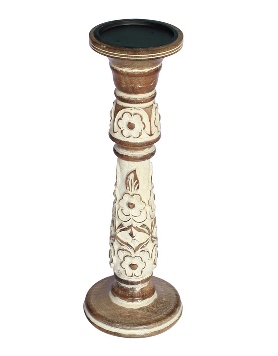 Bulk Wholesale Pillar Candle Stand in Wood Intricately Hand-Carved with an Iron Plate on the Top - Decorated with Floral Patterns - Shabby Chic Art - Home/Office Decor