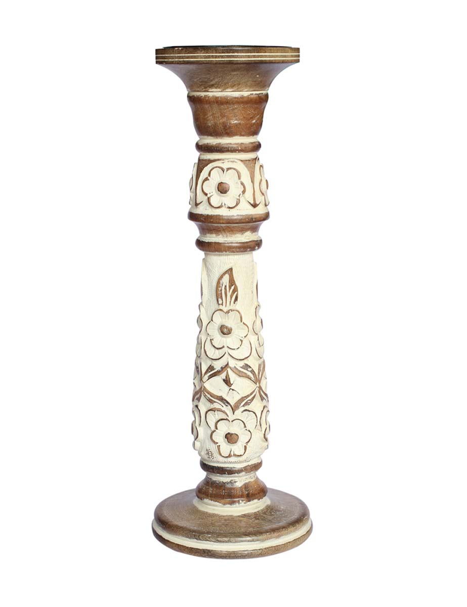Bulk Wholesale Pillar Candle Stand in Wood Intricately Hand-Carved with an Iron Plate on the Top - Decorated with Floral Patterns - Shabby Chic Art - Home/Office Decor