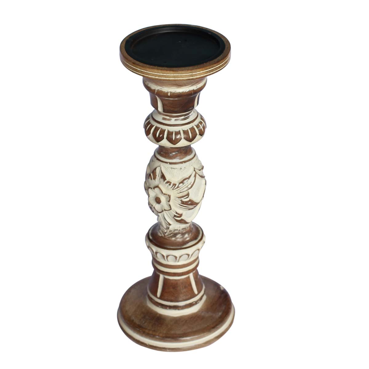 Bulk Wholesale Handmade Distressed-Look Pillar Candle Stand / Holder in Wood with Carved Floral Design – Shabby Chic Home Décor  