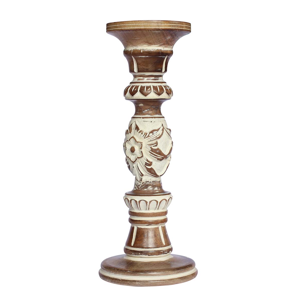 Bulk Wholesale Handmade Distressed-Look Pillar Candle Stand / Holder in Wood with Carved Floral Design – Shabby Chic Home Décor  