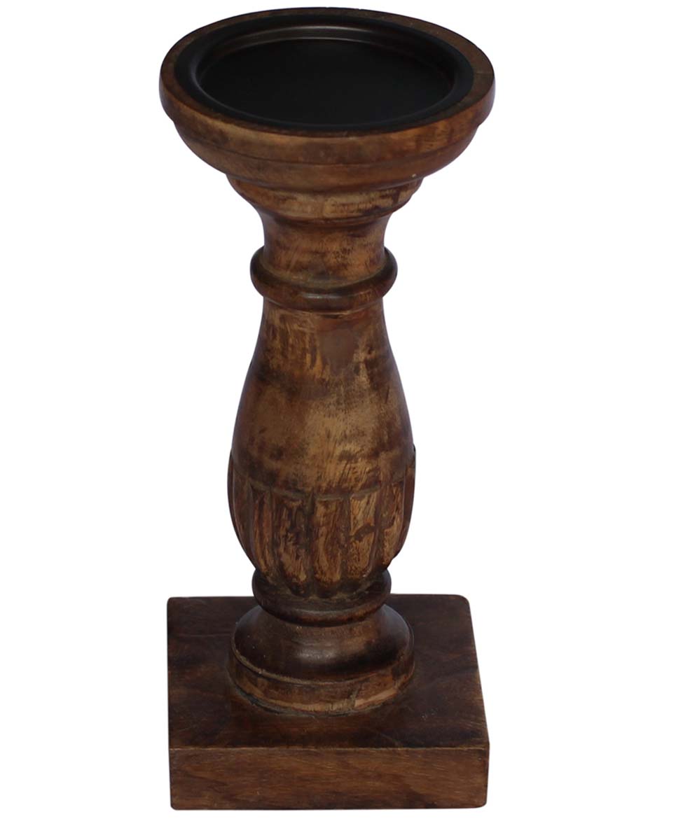 Bulk Wholesale Pillar Candle Stand/Holder in Wood Hand-Carved Rustic-Look with an Iron Plate on the Top - Classic Home Decor