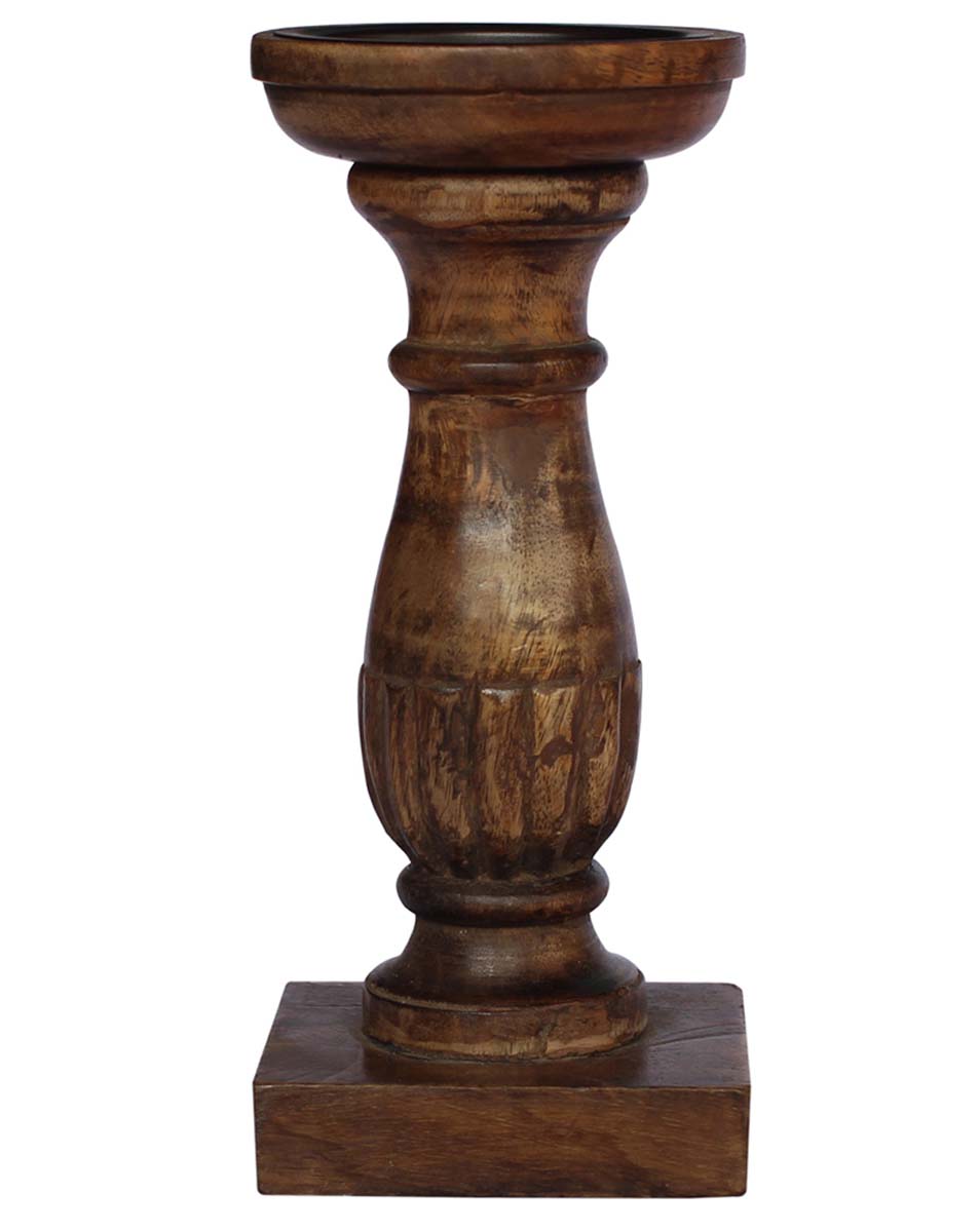 Bulk Wholesale Pillar Candle Stand/Holder in Wood Hand-Carved Rustic-Look with an Iron Plate on the Top - Classic Home Decor