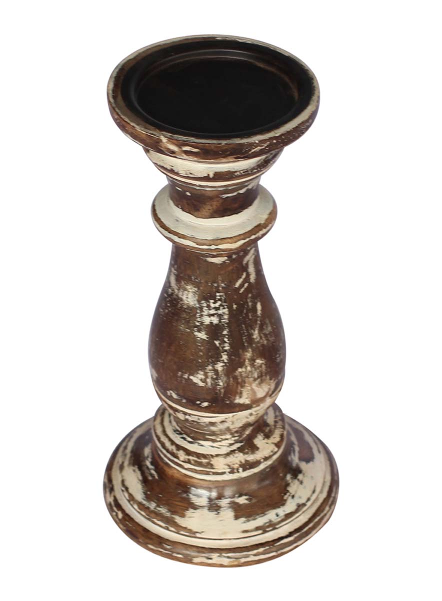 Bulk Wholesale Handmade Wood Pillar Candle Stand / Holder in Distressed-Look with an Iron Plate – Shabby Chic Décor