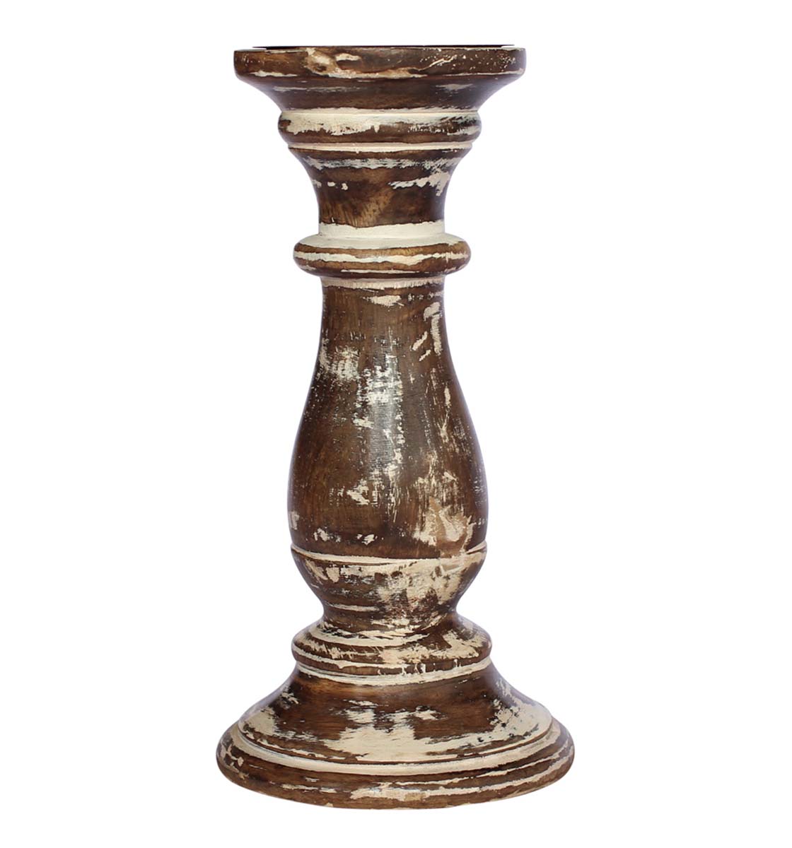 Bulk Wholesale Handmade Wood Pillar Candle Stand / Holder in Distressed-Look with an Iron Plate – Shabby Chic Décor