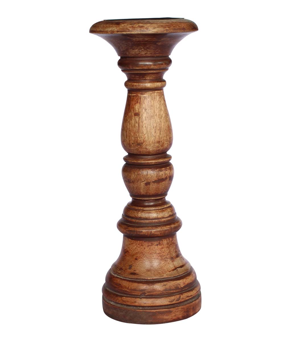 Bulk Wholesale Handmade Tall Pillar Candle Stand / Holder in Wood & an Iron Plate on the Top - Decorated with Ringed Patterns – Classic Home Décor 