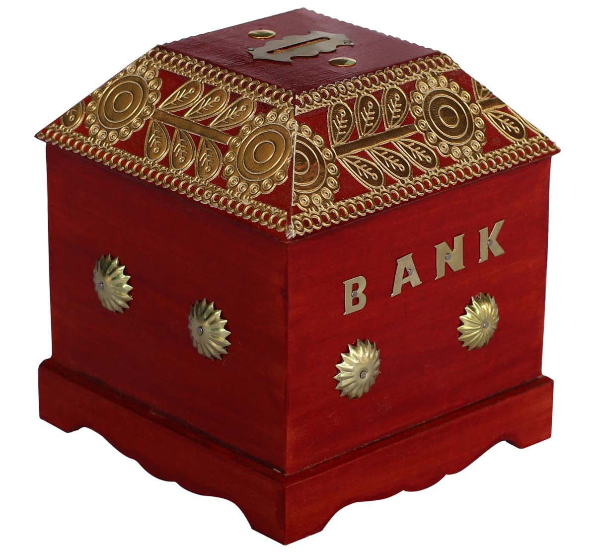 Wholesale 6” MDF Red & Golden Piggy/Money Bank - Handmade Coin Bank/Penny Bank with Brass Decorations - Kids Nursery/Home Decor Gifts from India