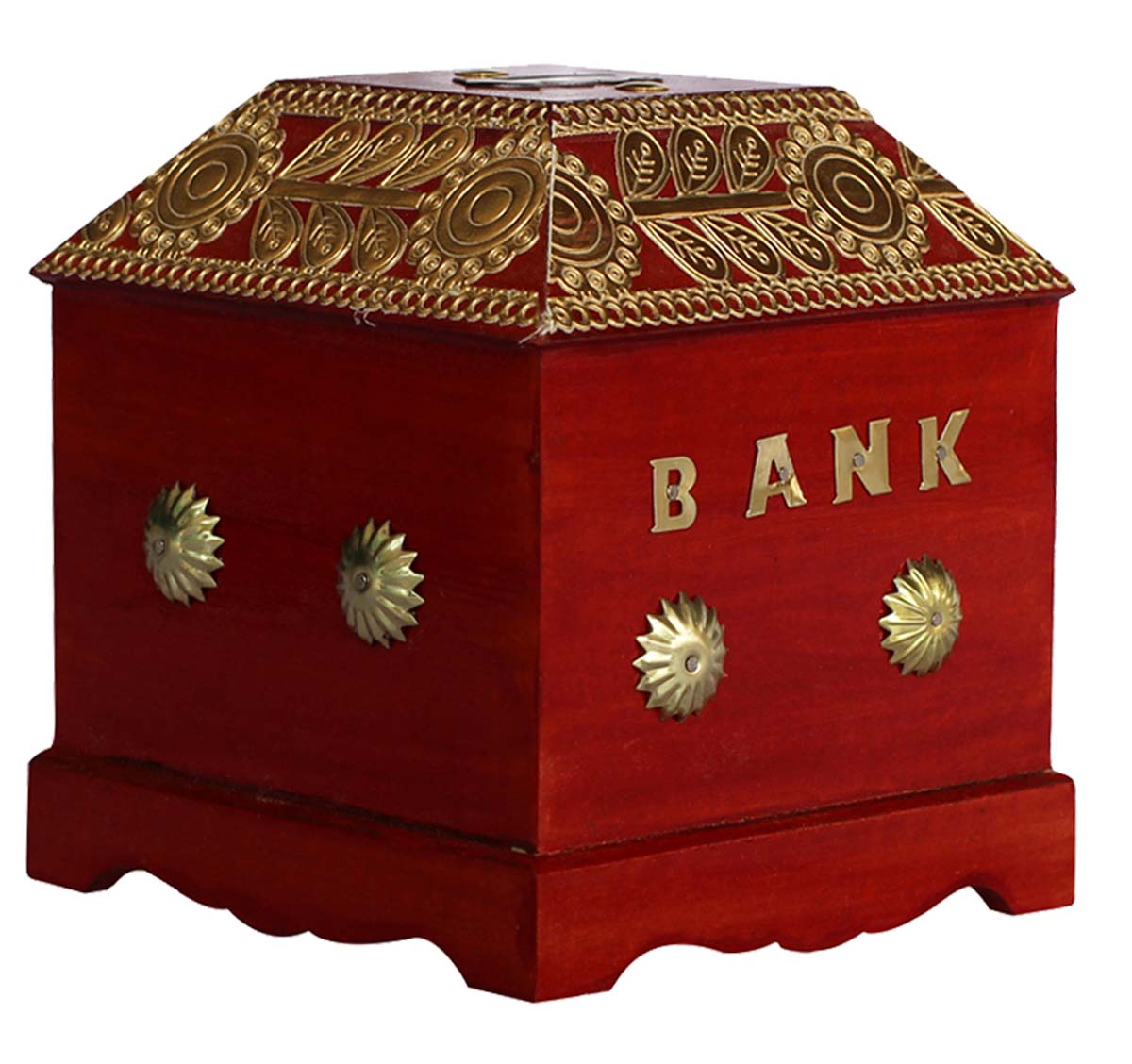Wholesale 6” MDF Red & Golden Piggy/Money Bank - Handmade Coin Bank/Penny Bank with Brass Decorations - Kids Nursery/Home Decor Gifts from India