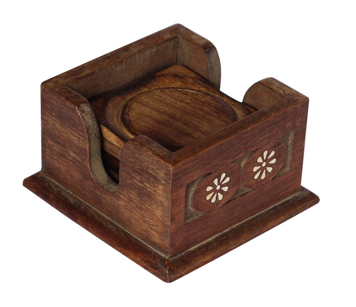 Bulk Wholesale Beverage Coasters with a Holder Set of 5 Handcrafted in Wood - Stylish Table Decor for Living Rooms/Bedrooms/Lounge