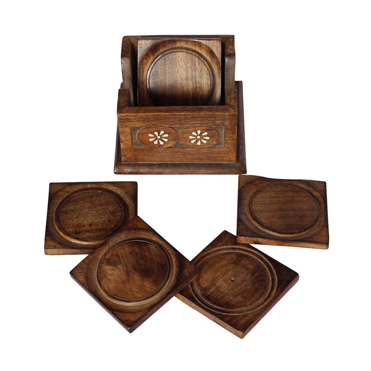 Bulk Wholesale Beverage Coasters with a Holder Set of 5 Handcrafted in Wood - Stylish Table Decor for Living Rooms/Bedrooms/Lounge