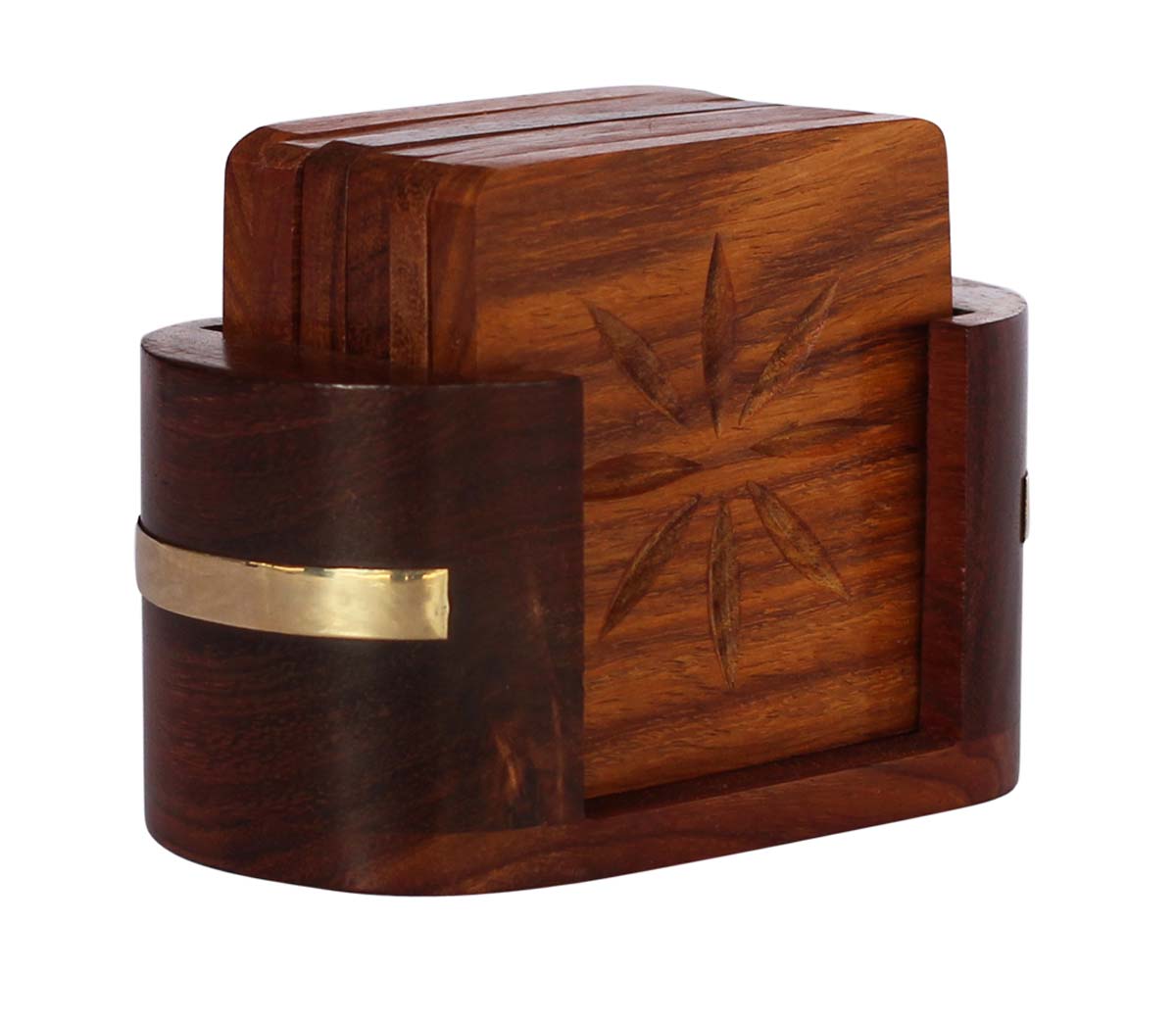 Bulk Wholesale Drink Coasters with Etched Design Hand-Carved Set of 6 Coaster & a Holder with Brass Decorations in Indian Wood - Stylish Table Decor for Center tables in Living Rooms/Lounges