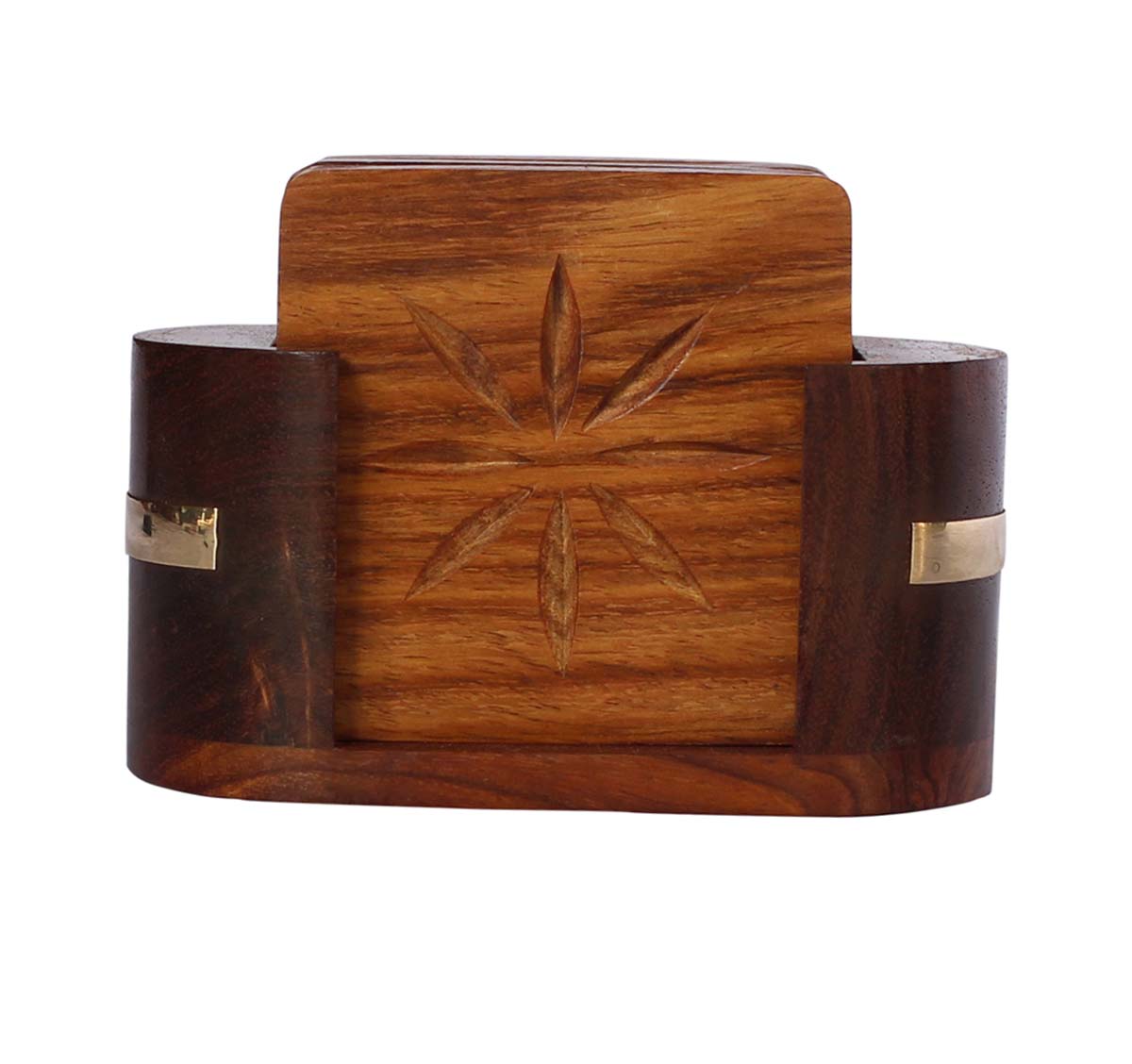 Bulk Wholesale Drink Coasters with Etched Design Hand-Carved Set of 6 Coaster & a Holder with Brass Decorations in Indian Wood - Stylish Table Decor for Center tables in Living Rooms/Lounges