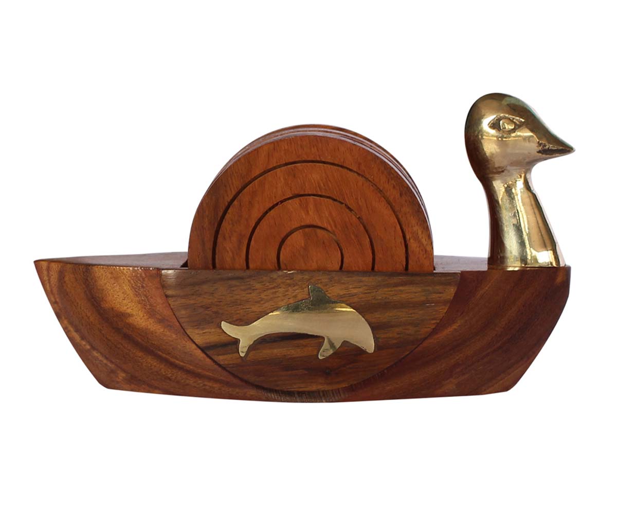 Bulk Wholesale Beverage Coasters with a Duck Shaped Holder in Indian Wood & Brass Handmade Set of 6 Round Coaster - Decorative Centerpieces - Table Decor