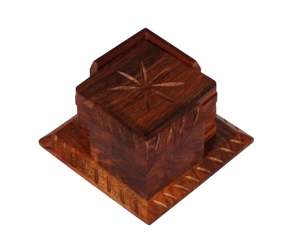 Bulk Wholesale Handmade Set of 6 Square Drink Coasters with a Holder in Wood - Decorated with Etched Designs - Stylish Table Decor for Home/Office