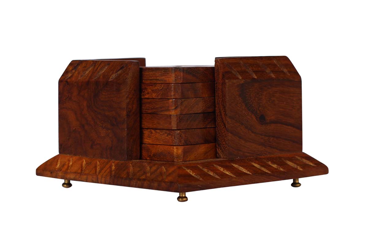 Bulk Wholesale Handmade Set of 6 Square Drink Coasters with a Holder in Wood - Decorated with Etched Designs - Stylish Table Decor for Home/Office