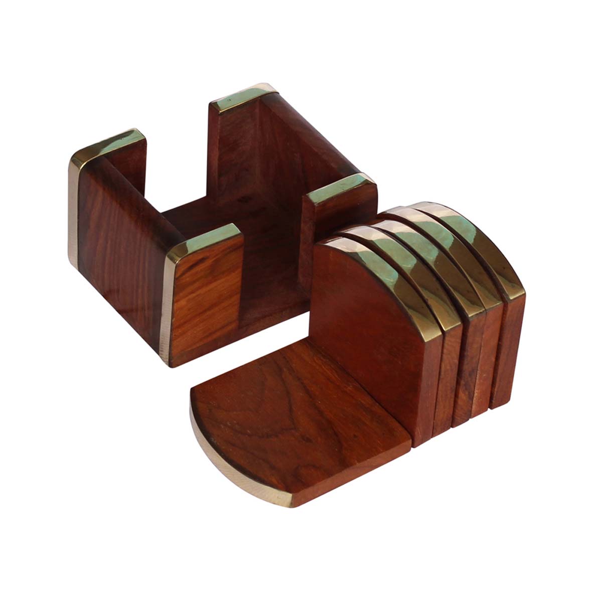 Bulk Wholesale Coasters & a Holder Set of 6 Handmade in Indian Wood with Brass Decorations - Decorative Centerpieces/Table Decor