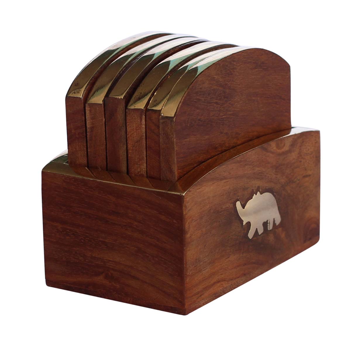 Bulk Wholesale Wooden Set of 6 Coasters & a Holder with an Handmade Inlaid Elephant Design & Beautiful Brass Decorations - Artistic Table Decor