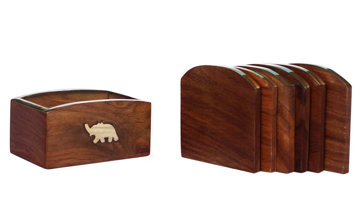 Bulk Wholesale Wooden Set of 6 Coasters & a Holder with an Handmade Inlaid Elephant Design & Beautiful Brass Decorations - Artistic Table Decor
