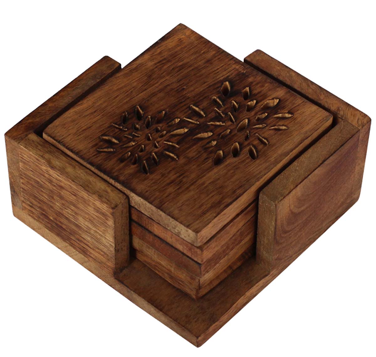 Bulk Wholesale Set of 5 Drink Coasters with Etched Designs & Hand-Carved Rustic-Look a Coaster Holder in Wood - Table Decor for Home/Office