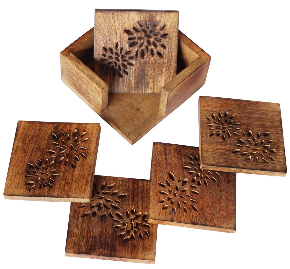 Bulk Wholesale Set of 5 Drink Coasters with Etched Designs & Hand-Carved Rustic-Look a Coaster Holder in Wood - Table Decor for Home/Office
