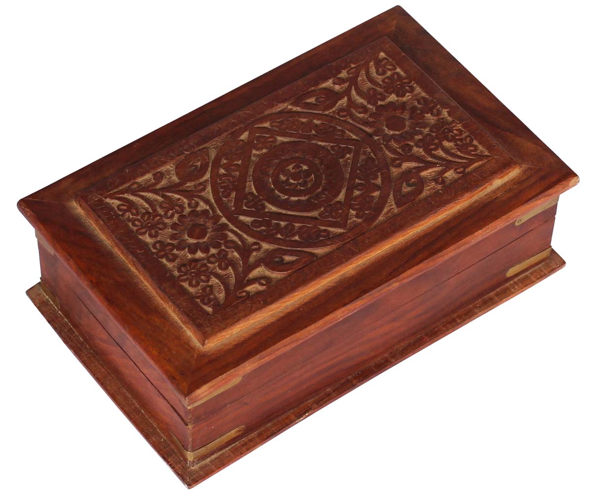 8x5” Wooden Black Jewelry Box in Bulk - Wholesale Handmade Jewelry Box/Trinket Box with Carved Floral Motifs & Brass Decorations from India