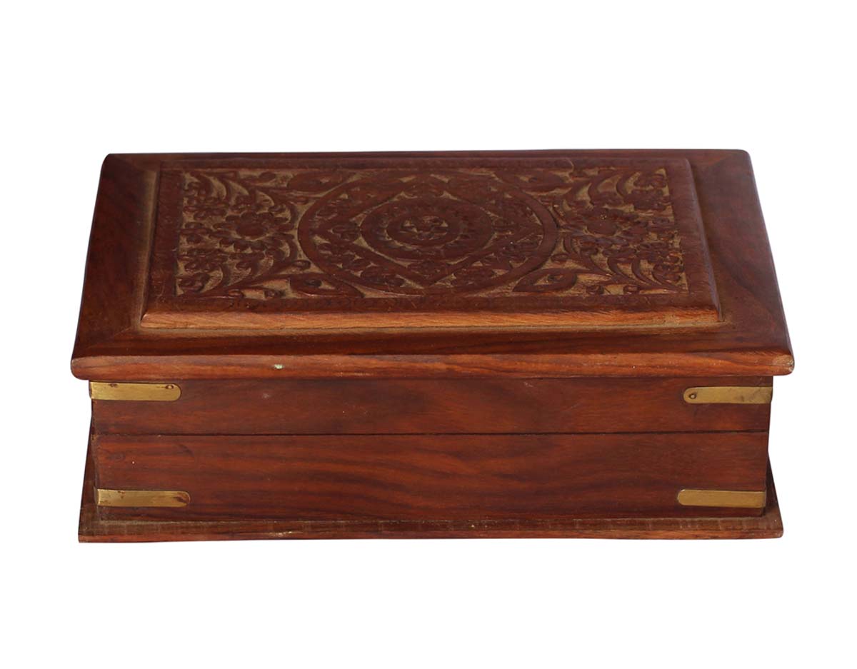 8x5” Wooden Black Jewelry Box in Bulk - Wholesale Handmade Jewelry Box/Trinket Box with Carved Floral Motifs & Brass Decorations from India