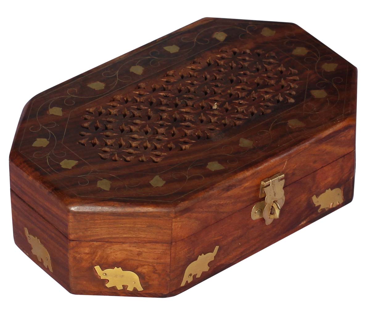 Bulk Buy 8x5” Wooden Jewelry Box - Wholesale Handmade Jewelry Box/Trinket Box with Latticework Carving & Brass Inlay from India