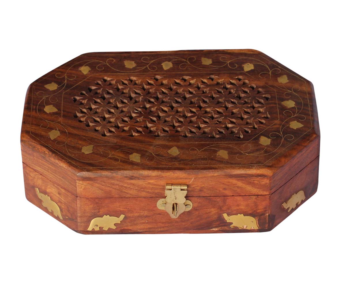 Bulk Buy 8x5” Wooden Jewelry Box - Wholesale Handmade Jewelry Box/Trinket Box with Latticework Carving & Brass Inlay from India