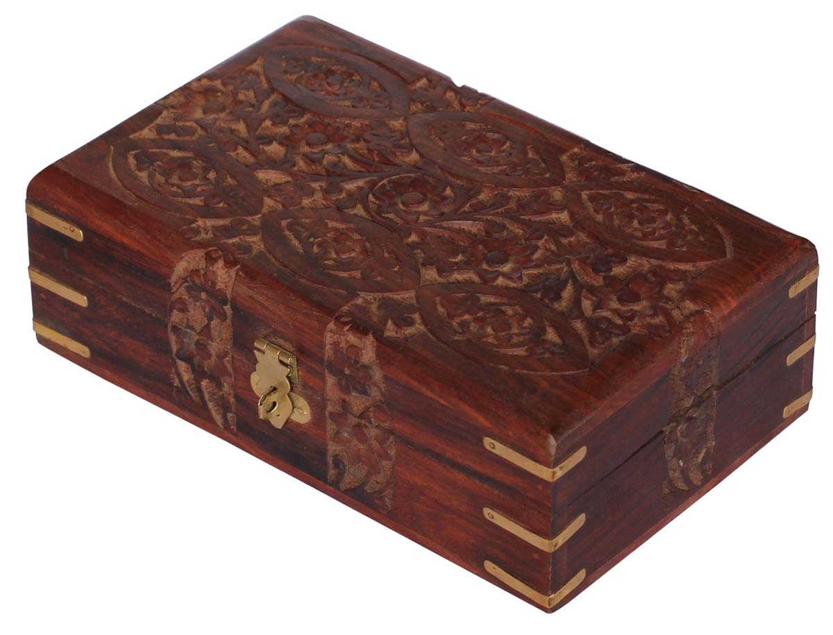 Source 8x5” Wooden Jewelry Box in Bulk - Wholesale Handmade Jewelry Box/Trinket Box with Carved Floral Motifs & Brass Decorations from India