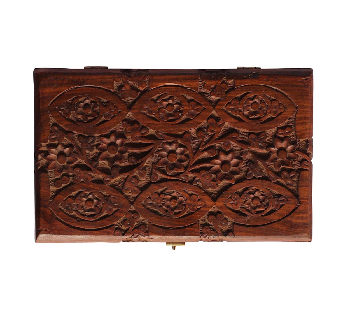 Source 8x5” Wooden Jewelry Box in Bulk - Wholesale Handmade Jewelry Box/Trinket Box with Carved Floral Motifs & Brass Decorations from India