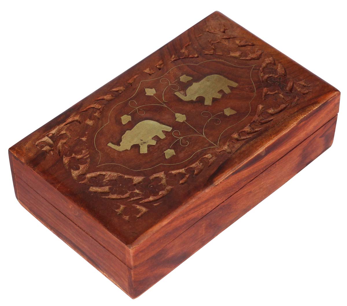 Wholesale 8x5” Wooden Black Jewelry Box in Bulk - Source Handmade Distressed Maroon Jewelry Box/Trinket Box with Decorative Brass Inlays in Elephant Design from India
