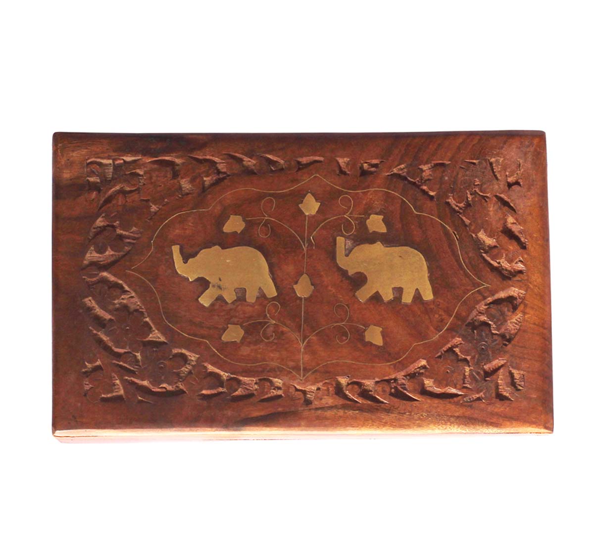 Wholesale 8x5” Wooden Black Jewelry Box in Bulk - Source Handmade Distressed Maroon Jewelry Box/Trinket Box with Decorative Brass Inlays in Elephant Design from India