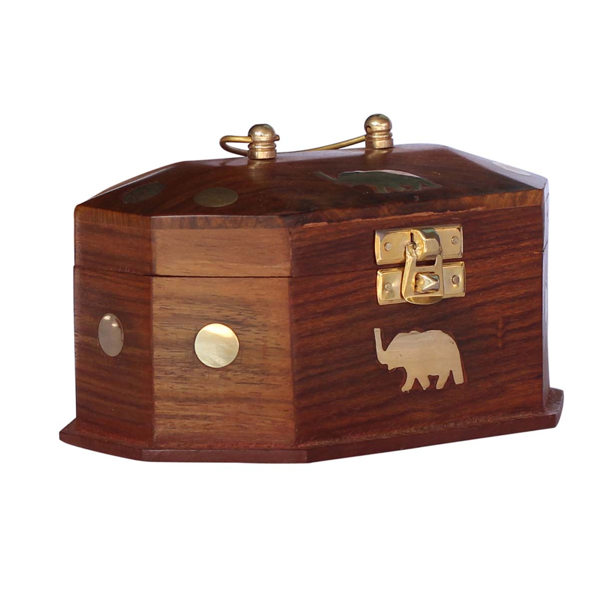 Octagonal-Shaped Wooden Brown Jewelry Box in Bulk - Wholesale Handmade Jewelry Box/Trinket Box with Decorative Brass Inlays in Elephant Design and a Metal Handle from India