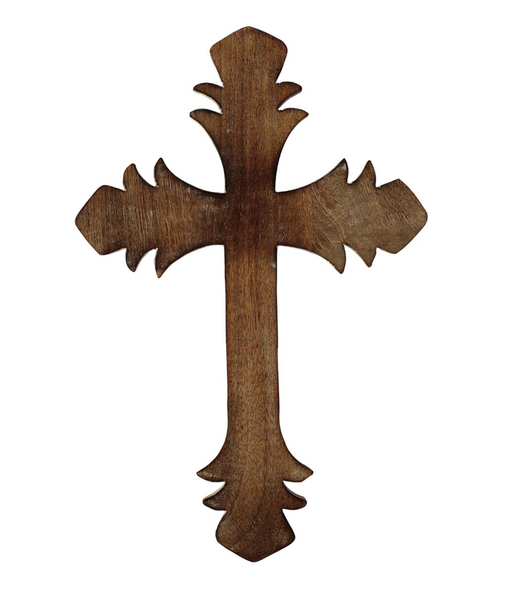 Bulk Wholesale Hand-Carved Wood Wall Hanging Cross in Distressed Look – Artistic Wall Décor with Leafy Pattern
