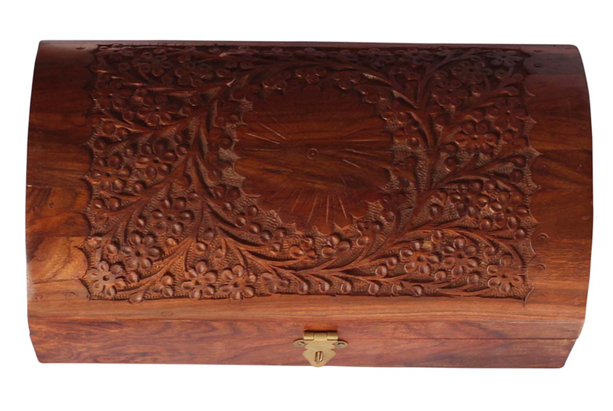 Bulk Buy Trunk-Shaped Wooden Jewelry Box - Wholesale Handmade Jewelry Box/Trinket Box with Intricate Carving in Traditional Pattern from India