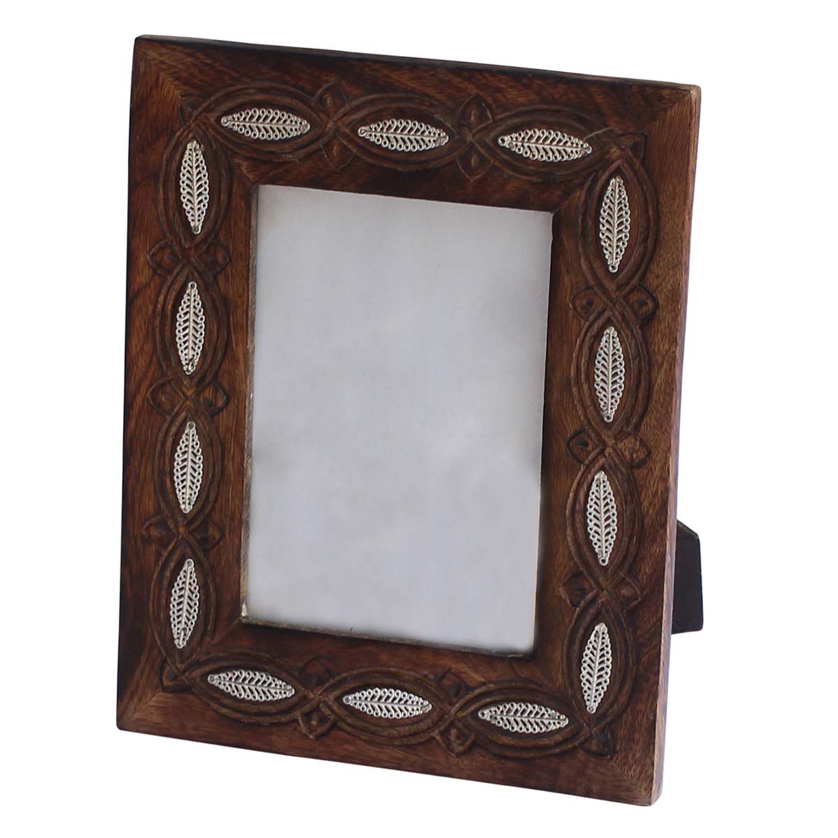 4x6 Inches Wood Picture Frame in Bulk - Wholesale Handmade Wooden Photo Frame with Carving and Metal Overlays in Leafy Pattern - Home Decor Picture Frames from India